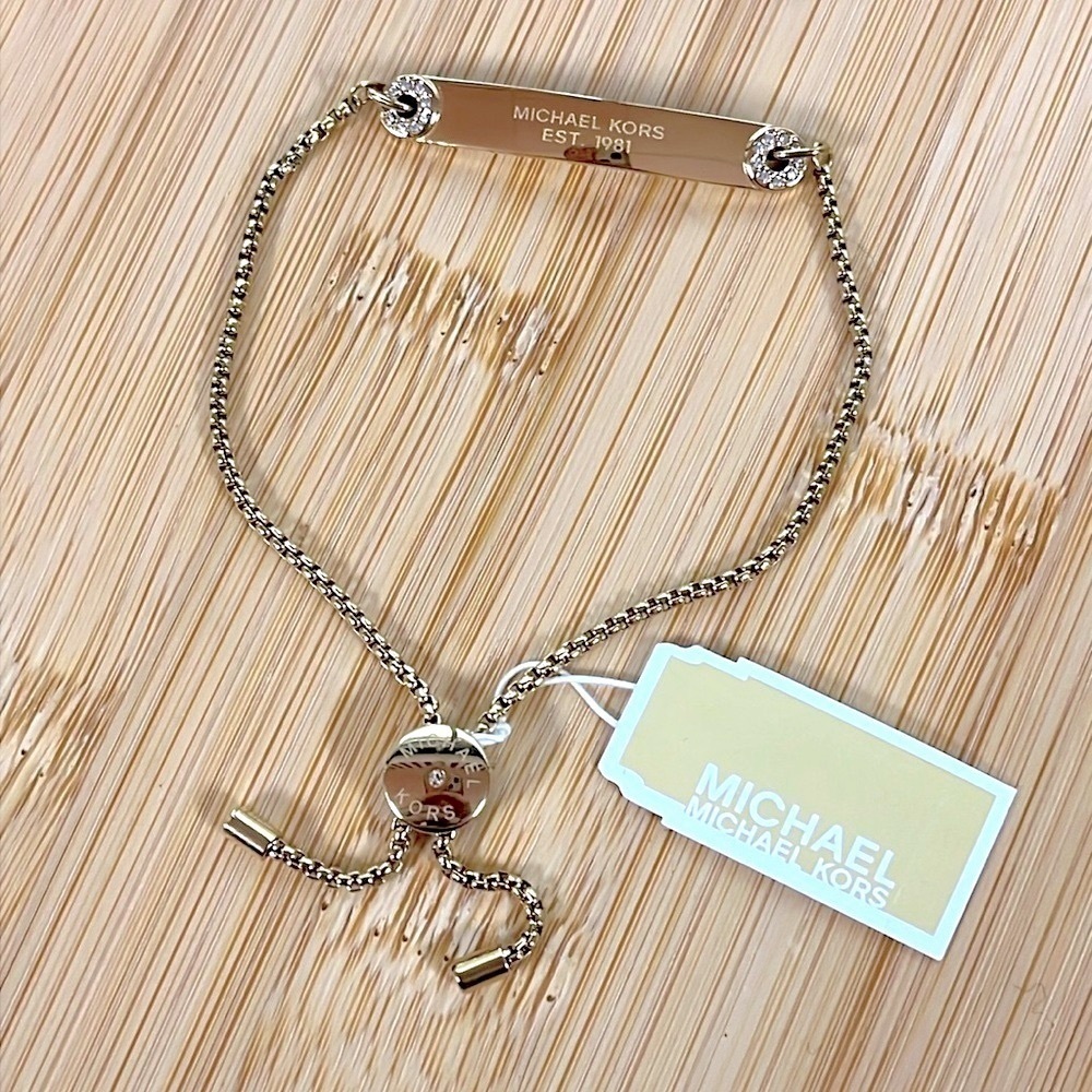 Brand New Michael Kors Gold Tone Nameplate Adjustable Bracelet Haute Hardware